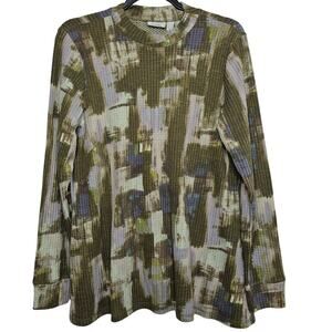 LOGO Lounge Lori Goldstein Womens Cloud Waffle Printed Scoop Neck Top Sz S Green